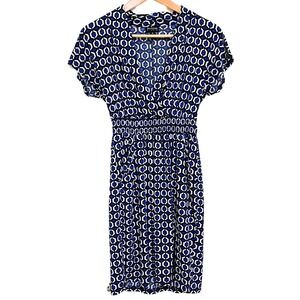 Geometric Blue & White V-Neck Pockets Stretch Midi Dress – Enfocus Studio, Sz 6